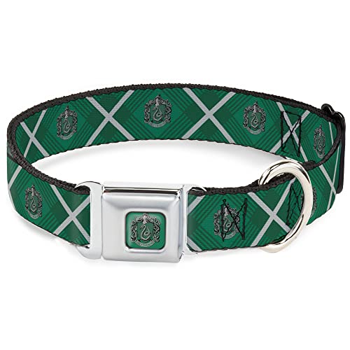 The Wizarding World of Harry Potter, collare per cani con fibbia per cintura di sicurezza in metallo, stemma di Harry Potter, motivo scozzese di Serpeverde, grigio, 33-43 cm, larghezza 3,8 cm