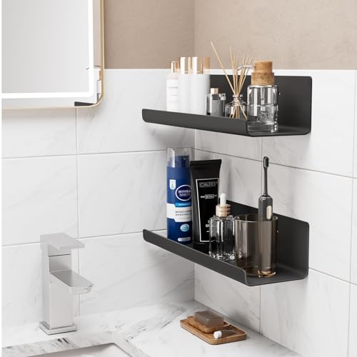 WELDUN 4er Set Wandregal Ohne Bohren, 32cm Kleberegal Schweberegal Dekorative Wandregale für Wohnzimmer, Schlafzimmer, Badezimmer, Küche, Selbstklebend, Kunststoff, Schwarz