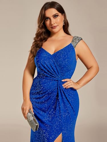 Image of Ever-Pretty Women's Glitter V Neck Sleeveless Plus Size Formal Dresses High Split Bodycon Prom Dress Evening Gowns