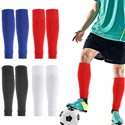 4 Pares de fútbol de manga de pantorrilla, mangas de pierna para fútbol masculino, mangas de calcetines de futbol, adecuados para fútbol, ​​baloncesto y otros (negro+blanco+rojo+azul)