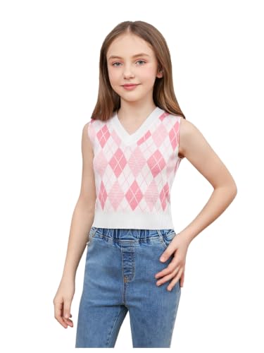 Image of OYOANGLE Girl's Argyle Plaid V Neck Sweater Vest Sleeveless Preppy Casual Pullover Knitted Tank Tops