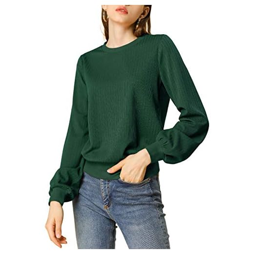 Allegra K Women's Saint Patrick's Day Lantern Sleeve Tops Crewneck Winter Retro Ribbed Pullover Sweater Large Green