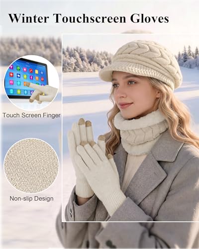 Image of 3-Pieces Winter Hat Gloves Scarf Set, Knit Warm Beanie Hat Neck Warmer Touch Screen Mittens for Women