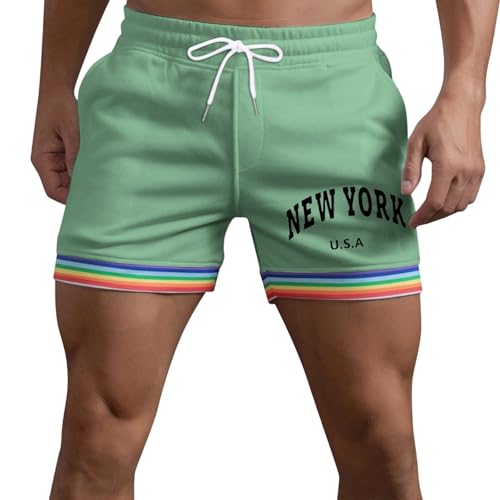 SUPTTING Pantalones cortos para hombre con rayas arcoíris, pantalones cortos, pantalones deportivos, pantalones cortos de ocio, pantalones cortos de playa con cordón, cintura elástica de suave