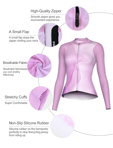 INBIKE Camisa feminina de ciclismo de manga comprida, camisetas de bicicleta respiráveis com bolsos,