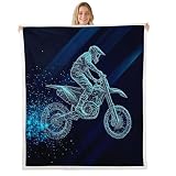 Picture of Kids Dirt Bike Sherpa Blanket Twin Size Motocross Rider Plush Bed Blanket Motorbike Sport Throw Blanket for Boys Girls Teens Motorcycle Extreme Sport Flannel Fleece Blanket for Bed Couch, Blue