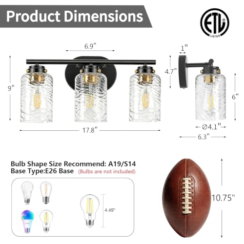 Image of 3-Light Bathroom Light Fixtures, 18 Inches Black Gold Vanity Light | Thick Water Ripple Clear Glass, Bathroom Wall Lamp for Mirror, Rust-Proof, Up /Down Mount, ETL Certified, E26 Ceramic Sockets