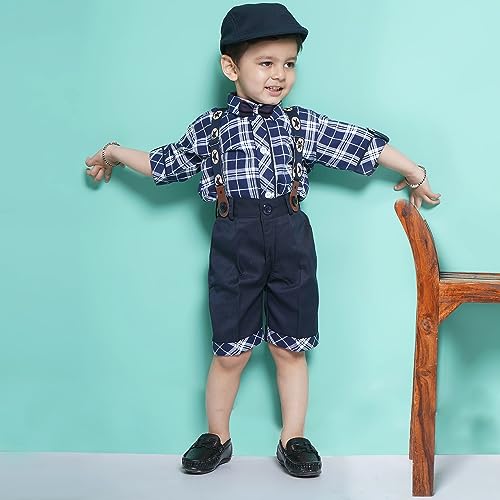 Image of AJ DEZINES Kids Cotton Blend Half Sleeve Shirt Shorts Suspender Cap Bow Tie Set For Boys