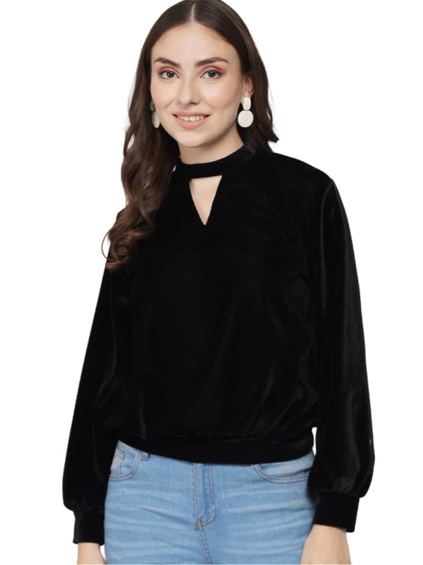 Velvet Top for Women | Keyhole Choker Neck Cuffed Sleeves Blouson Outfit