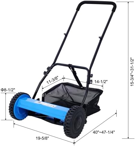 LuckyNote 14-Inch 5-Blade Push Reel Lawn Mower with Grass Catcher This Mechanical Lawn Mower Offers an Adjustable Blade Height of 0.6”-1.8” (Blue Color)