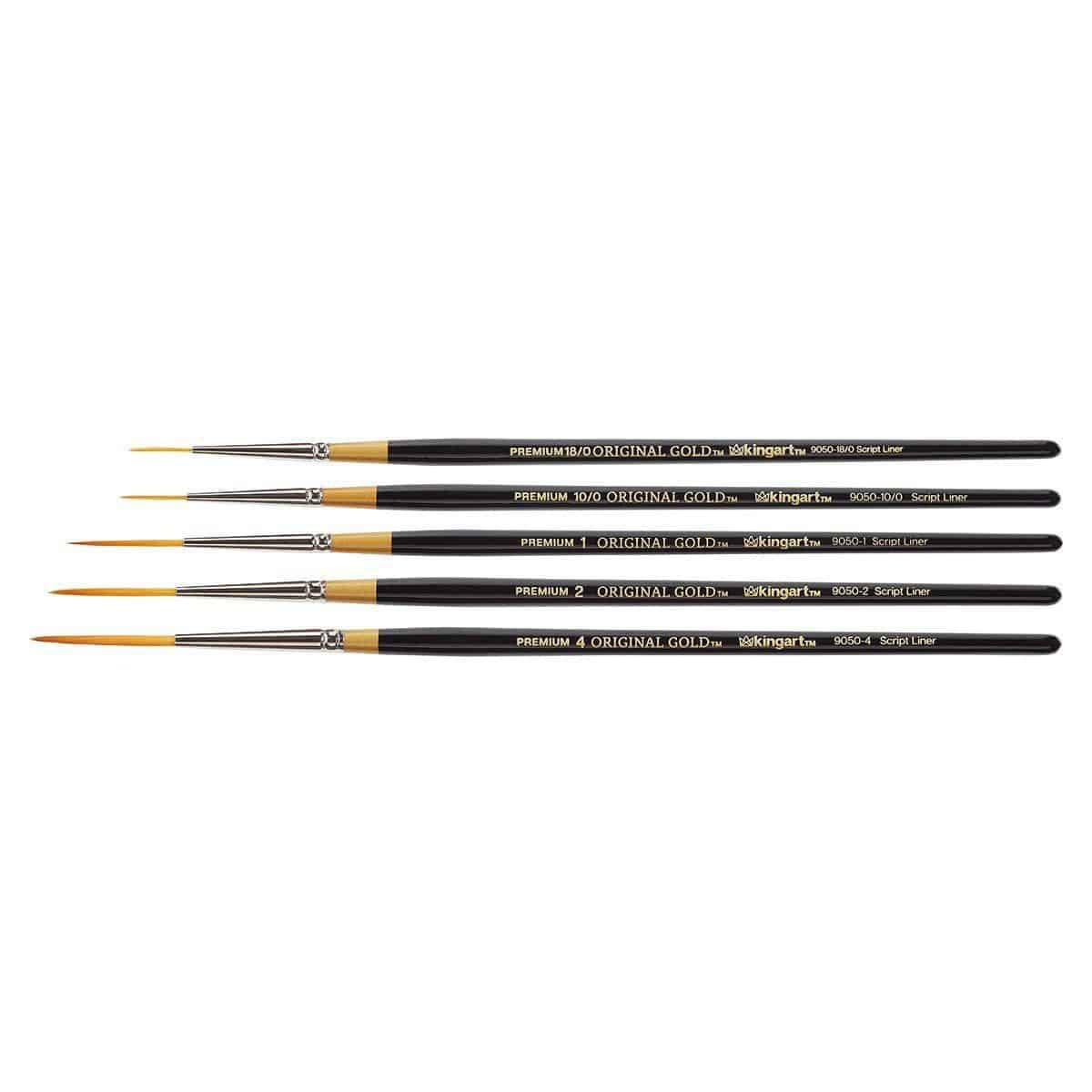 KINGART Original Gold 9050 Script Liner Series Premium Golden Taklon Multimedia Artista Pinceles Tamaños: 18/0, 10/0, 6/0, 2/0, 1, 2, 4, 6, 8, Set de 9