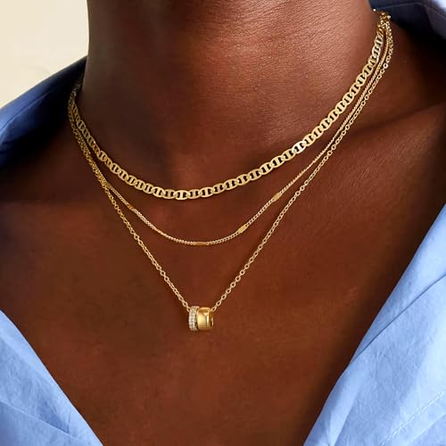 Fohufo 14K Gold Plated Necklace for Women - 3Pcs Layered Necklaces Non Tarnish Waterproof Jewelry, 14K Gold Plated Necklace, Birthday Gifts for Women