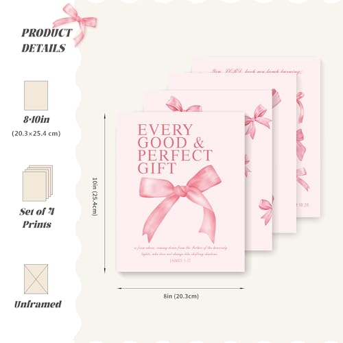 Image of LARTSFRO Coquette Pink Bow Wall Art Decor Posters, Pink Bow Christian Room Bedroom Bathroom Dorm Wall Art Decor for College Teen Girls Kids Gifts, Inspirational Bible Verses Bow Wall Decor, 10x8 Inch Set of 4 Pcs Bow Pictures (UNFRAMED)