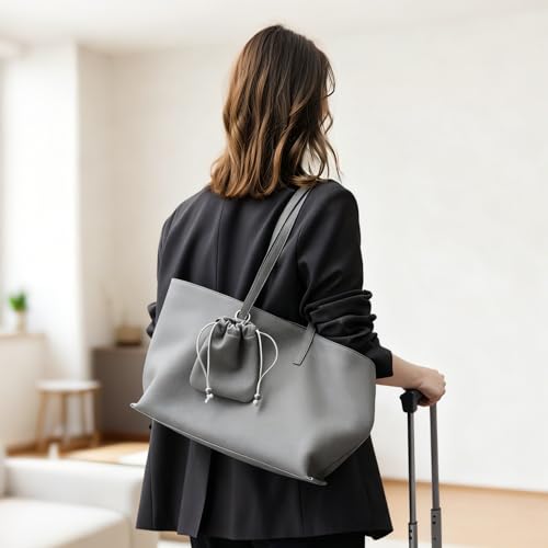 Rosvovo Genuine Leather Tote Bag for Women, Soft Purses Handbags Shoulder Fashion Top Handle Bag Large Capacity Granite Grey — view 2