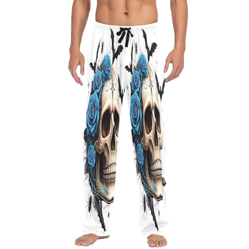 Qilmy Blue Rose Skull Men's Cotton Pajama Pants, Lightweight Lounge Sleepwear with Drawstring and Pocket2