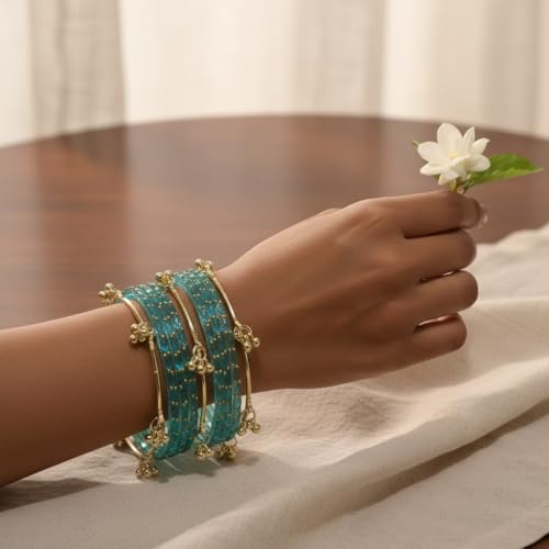 Image of Kashmiri Ghangharoo Glass Bangle Set for Women| Light Weight Bangles | Traditional Transparent Fancy Glass Chudi Set for Wedding, Party|Set Of 16(12 Glass + 4 ghungroo bangles)