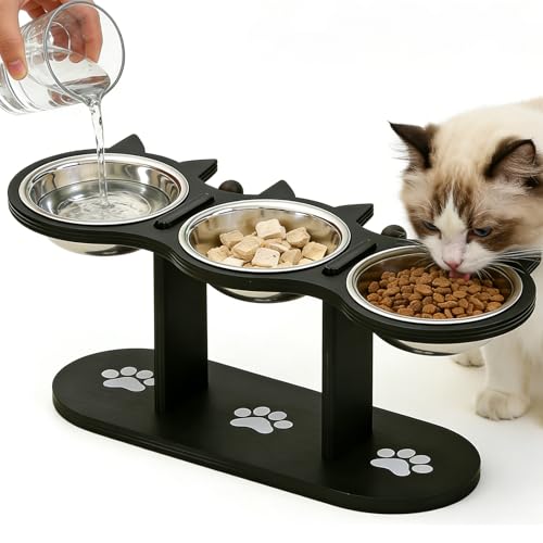 Katzennapf Erhöht 3er Set Futterstation Katze 15° Gekippte Fressnapf Futterbar Futternapf Katze Katzennäpfe mit Holzständer und 3 Edelstahl Schüsseln für Katzen und Kleine Hunde Schwarz