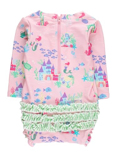 Image of RuffleButts Baby Girls UPF 50+ Sun Protection Floral Printed Long Sleeve One Piece Rash Guard Swimsuit with Zipper