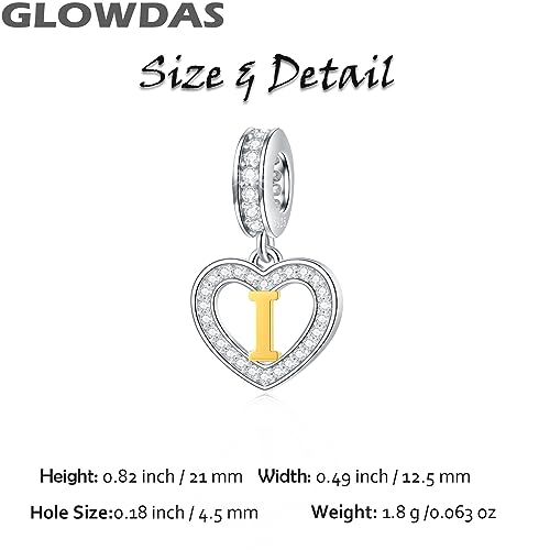 Image of GLOWDAS 18K Gold Plated Letter Charms Initial A to Z Necklace Pendant, 925 Sterling Silver CZ Heart Dangle Alphabet Beads fit European DIY Bracelet, Gifts for Valentiens /Christmas /Family