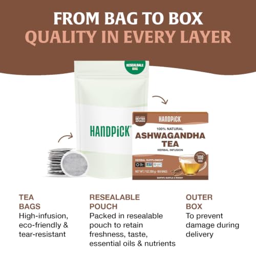Image of HANDPICK Ashwagandha Teabags (100 Count) Pure Ashwagandha Root, Gluten Free