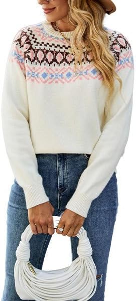 Womens Fall Vintage Fair Isle Sweater Casual Loose Long Sleeve Crewneck Knitted Pullover Sweater Tops - Image 4