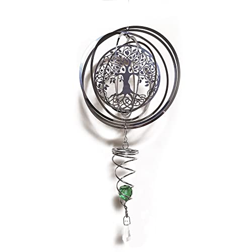 3D Garten Windspiel Edelstahl - Hängende Fenster Ornamente Mit Rotierender Gazing Ball Und Spiralschwanz (Baum des Lebens)