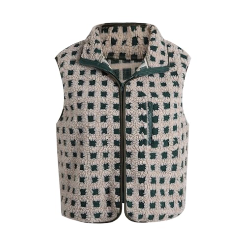 Image of Geagodelia Women's Plaid Gilet Fluffy Vest Ladies Sleeveless Jacket Vintage Checkered Zip Up Short Body Warmer Y2k Aesthetic Top Clothes Outfit Spring Autumn (Green, XL)