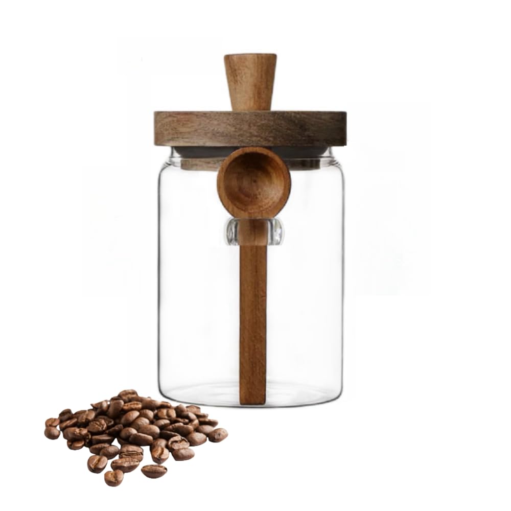 Glass Jar with Wooden Lid & Spoon, 27oz Food Storage Containers Coffee Jar Coffee Grounds Container, Glass Food Storage Canister (1 Pack)
