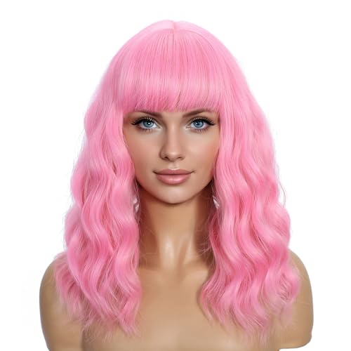 Sebast Pastel Bob Wigs with Bangs for Women Loose Wavy Wig Pastel Wavy Shoulder Length Bob Synthetic Cosplay Wig for Girl Colorful Costume Wigs (Pink)
