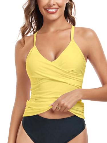 Image of RELELCIGA Women's Tankini Top V Neck Ruched Tummy Control Bathing Suit Top