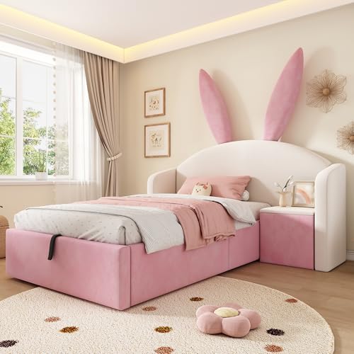 Zepneiy Lit Enfant 90x200 avec tête de lit Oreilles de Lapin, Lit rembourré avec Rangement hydraulique et Table de Chevet, Tissu Velours, Beige+Rose (Matelas Non Inclus)