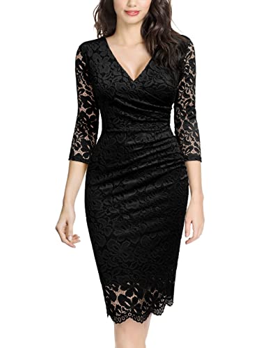 Miusol Women's Retro Deep-V Neck Ruffles Floral Lace Evening Pencil Dress