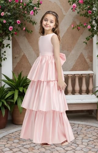 Satin Flower Girl Dress with Bow-Knot Layers A Line Birthday Party Dresses for Girls Maxi Prom Ball Gowns4