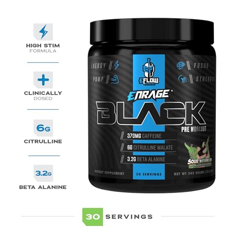 Image of eFlow Nutrition Enrage Black High Stimulant Pre Workout Supplement - Preworkout Powder to Boost Energy, Pumps and Strength - 4 Flavors (30 Servings) (Sour Watermelon)