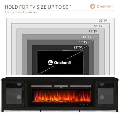 oneinmil TV Stand with 50\" Fireplace, 80\" Modern Fireplace Entertainment Center,TV Console Cabinet for TVs Up to 90\", Large Fireplace TV Stand with Adjustable Shelf, Black