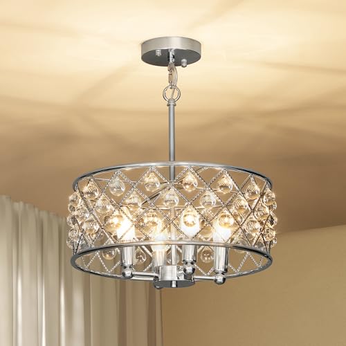 HOMCOM Crystal Chandelier with Adjustable Height, 4-Light Modern Flush Mount Ceiling Light, Hanging Chandelier with E14 Base for Living Room, Bedroom, Dining Room, Bulb Not Included, Silver Tone