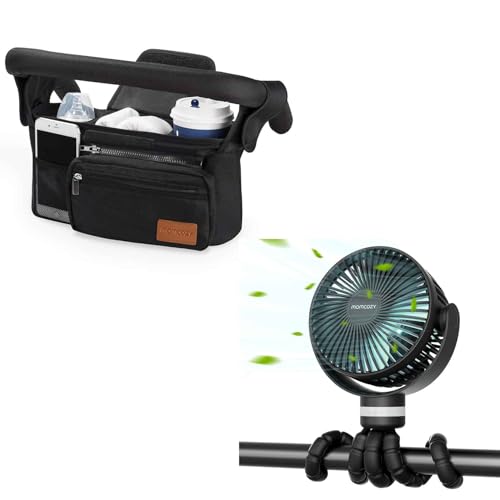 Image of Momcozy Universal Stroller Organizer with Insulated Cup Holder Portable Stroller Fan, 27H Ultra-long Battery Life, Detachable 4 Speed 360°Rotate, LED Night Light with 2 Modes