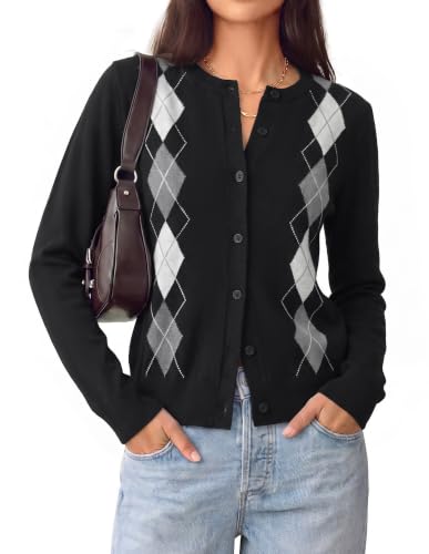 GRACE KARIN Cardigan for Women Argyle Fall Sweaters Cozy Teacher Outfits | Crew Neck Button Up Chunky Cardigan Sweaters, Open Front Cute Sweater, Long Sleeve Casual Winter Outfits for Work & Office