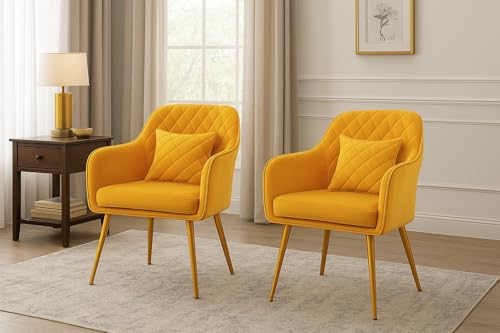 Image of Velvet Chair with Floral Pillow for Home | Modern Accent Armchair in Soft Velvet Fabric with Golden Legs | Set of 2 Premium Accent Chair for Living Room Bedroom (Barfi Yellow)