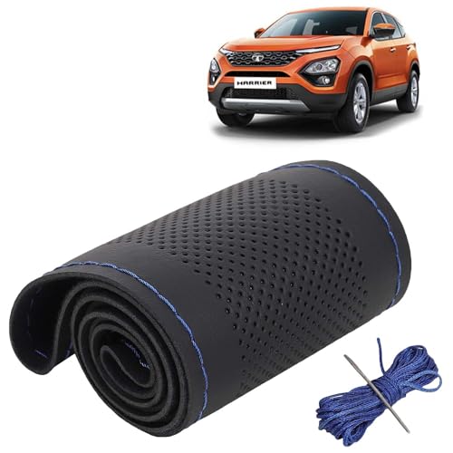 Image of KINGSWAY PU Leatherite Car Steering Cover Sewable Compatible with Tata Harrier (Year 2019-2023), Black Color with Blue Thread, Pack of 1 with Sewing Needle and Thread