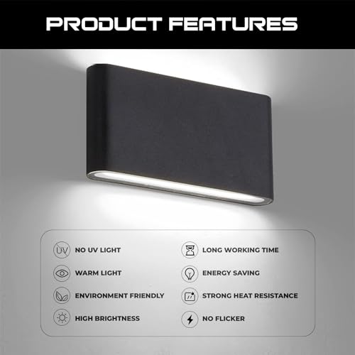 Image of GIGAWATTS 12W LED Oval-Shaped 2 Way Wall Light Up Down Lamp BIS Approved Modern Outdoor Black Metal Body Fixture for Home Garden Decor Lightning (Pack of 1, Warm White)