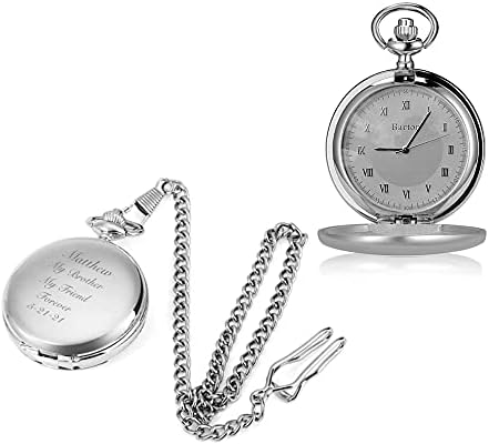 A&L Engraving Personalized Men's Stainless Steel Pocket Watch with Glass Cover and Chain Custom Engraved Free - Ships from USA,silver(PW-10)