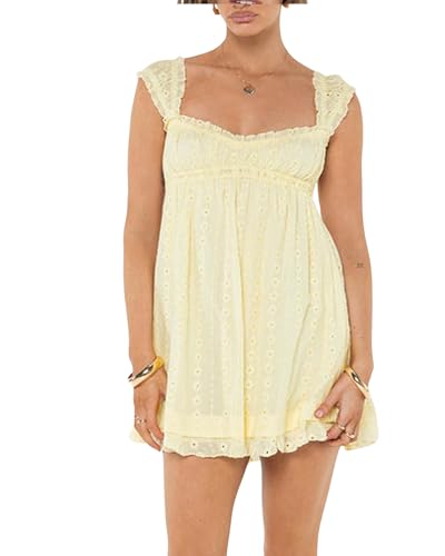 Women Summer Floral Embroidery Dress Sleeveless Ruffle Loose A-line Mini Dress Beach Clubwear Streetwear