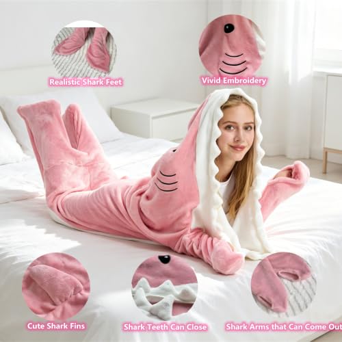 Image of Pink Shark Blanket Shark Sleeping Bag Shark Onesie Cosplay Shark Costume Shark Gifts(Pink Shark,S Fit for Height 4'5 inch-4'9 inch)