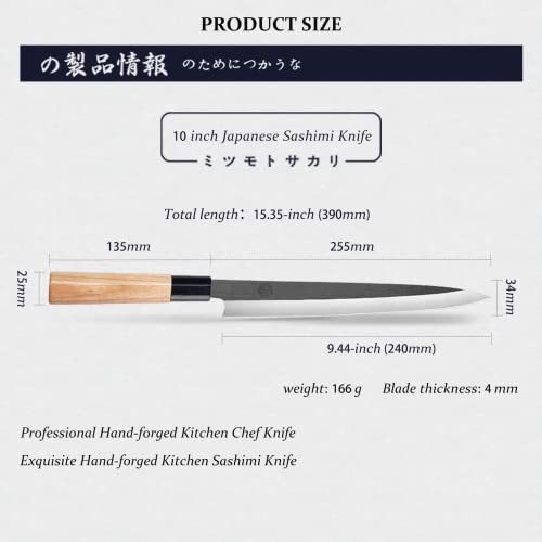 Mitsumoto Sakari 10-Inch Japanese Sashimi Knife, Tungsten Alloy Kitchen Chef Knife, Professional Hand Forged Japanese Sushi Knife (Fraxinus Mandshurica Handle & Gift Box) #TOP2