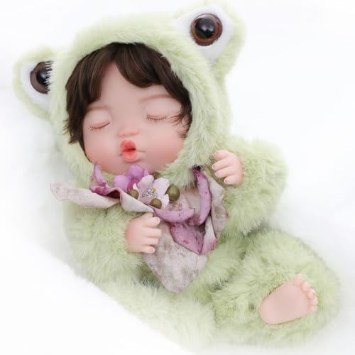 Muñeca Reborn de 10 Pulgadas con Traje de Rana Verde miniatura 1