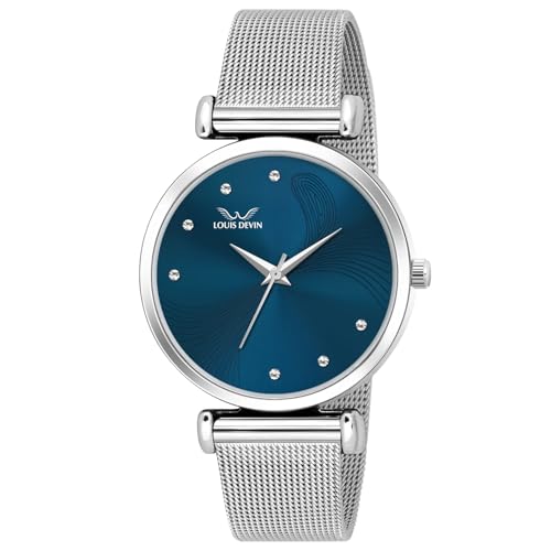 Image of LOUIS DEVIN Mesh-Type Stainless Steel Chain Analog Wrist Watch for Women (Black /Blue /Pink /Green Dial) | LD-L504-CH