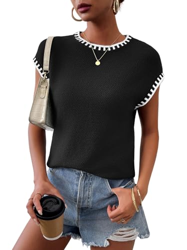 Image of Cap Sleeve Sweater Tops for Women 2026 Knit Summer Sleeveless Tank Vest | Slim Fit, Trendy Color Block, Soft, Skin-Friendly, Strechy, Lightweight, Breathable, Casual Daily Wear