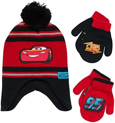Disney Cars Lightning McQueen Winter Hat 2 Pair Mittens or Gloves (Toddler/Little Boys), Size Age 2-4, Cars Red Black Mitten Set