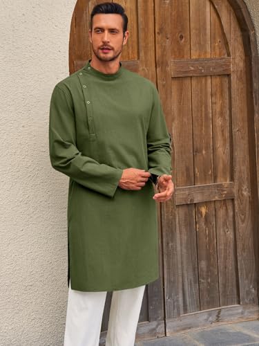 Image of Runcati Mens Kaftan Thobe Robe Long Sleeve Cotton Henley Shirt Casual Muslim Gown Salwar Kurta
